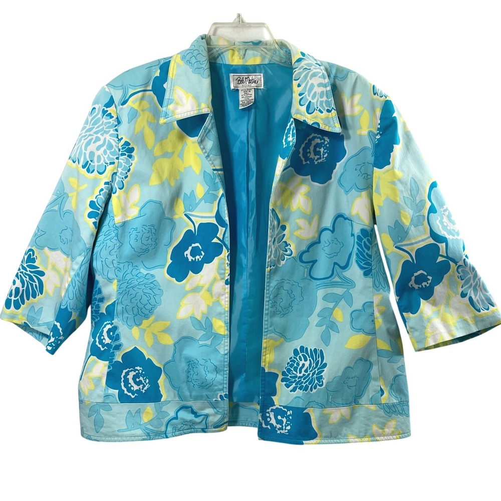 Vtg Bob Mackie Jacket Womens 14 Artsy Blue Yellow Floral 3/4 Sleeve Open Blazer